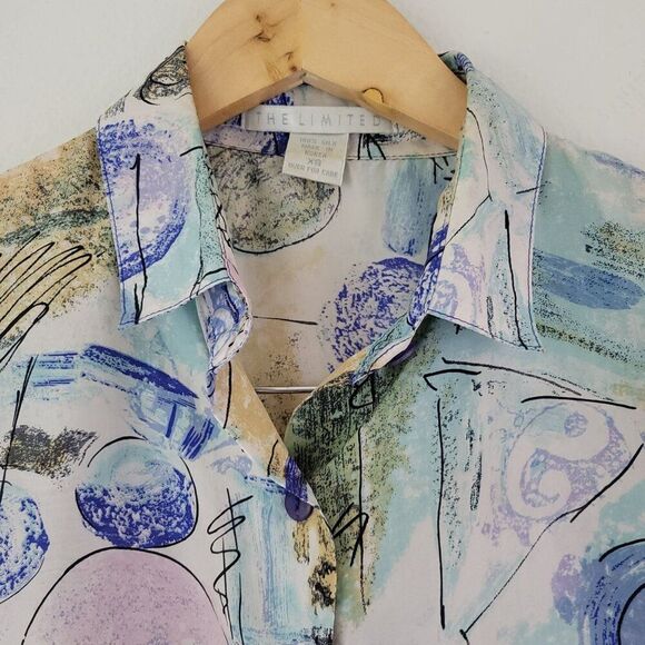 Vintage The Limited Sz XS Abstract Art Print Oversized Silk Blouse Shirt 90s - Picture 2 of 11